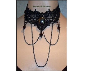 RARE Black Choker Bib Necklace Long Chain Elegant Biship Spears Intricate Venise Victorian Gothic Medieval Victorian Design Fabric Jewelry