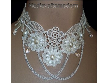Choker in Cream with Draping Chain and Pearl Cab Medievaltomodern's Flower Venise lace Unique Necklace Wearable Art Runway Design