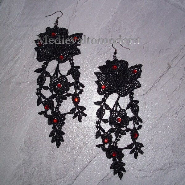 Super Long Black RED Rhinestone Venise Lace Victorian Earrings Match Collar