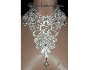 Collar Choker with Hand Beaded Cream Rhinestone Victorian Wedding Night Romantic Formal Design Fabric Jewelry Wearable Art