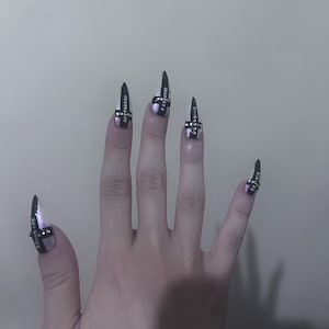 Black Stiletto Nails with Silver Cross Design | Gothic Press On Nails | Punk Rock Nail Set”
