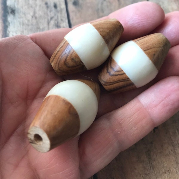 African Wood and Bone Large Focal Bead from Nairobi Kenya, Bicone wood and bone beads