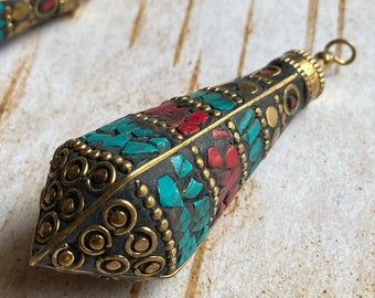 Tibetan Brass Inlaid Pendulum Style Pendant from Nepal, TURQUOISE RED inlaid pendant, more colors available, Boho style jewelry, ships fast
