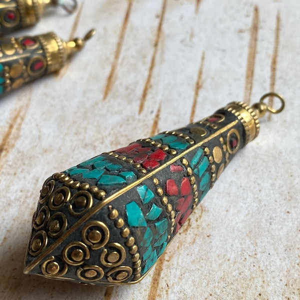 Tibetan Brass Inlaid Pendulum Style Pendant from Nepal, TURQUOISE RED inlaid pendant, more colors available, Boho style jewelry, ships fast