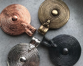 Brass Pendant, Spiral Design Pendant, 33mm Symbolic Spiral Pendant Brass in Four Metal Finishes, Medium Brass Pendant, ships FAST