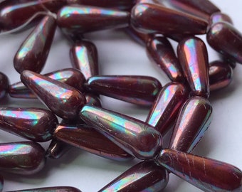 Small Czech Glass Faceted Thru Cut Teardrop Drop Bead Red Nebula 20 Beads Item 5837 8 x 6 mm