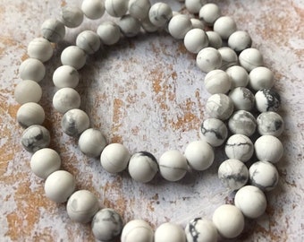 Matte 6mm Howlite beads, matte white howlite, white with grey veins gemstone beads
