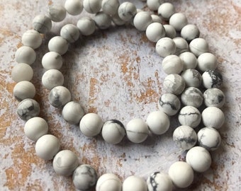 Matte Howlite bead strand, 6mm howlite beads, 8mm howlite beads, matte white howlite, white with grey veins gemstone beads