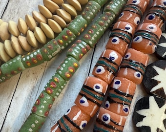 AFRICAN Krobo Bead Mix, Full strands 4 designs, green salmon beige black, CLEARANCE  PRICES, African Krobo Beads from Ghana, fast ship