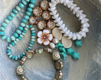 Czech glass flower beads, czech buttons, green white seafoam beads, Shop clean up Design Mixes, broken strands, Bead mixes, ships FaST