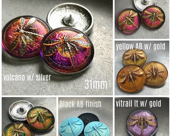 Dragonfly Czech Glass Button, color options, large 30mm dragonfly button, in stock ships FAST