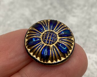 18mm Vintage Czech Glass Carnival BLUE AB Japanese GINKO FLOWER Buttons 3pc 