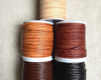 Round 2mm Leather Lace 25 yard spools round leather, natural brown black round leather cord, Choose color from drop down, FAST ship