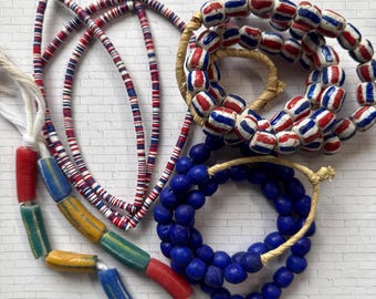 AFRICAN Krobo Bead Mix, Full strands 3 designs, blue red, PLUS bonus 9 pc tube beads, African Krobo Beads from Ghana, fast ship