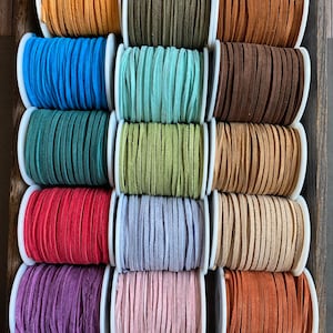 Skinny Suede SPOOLS 26 Colors, 3/32" Suede Lace 50 Foot Spool, Bulk Savings on Spools Leather Lace, 16.6 yard bulk spools