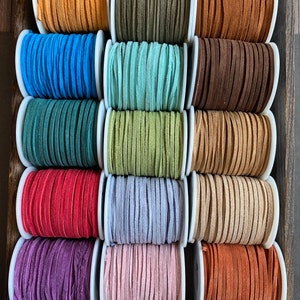 Skinny Suede SPOOLS 20 Colors in labeled collage, 3/32&quot; Suede Lace 50 Foot Spool, Bulk Spools Leather Lace, 16.6 yard, fast ship