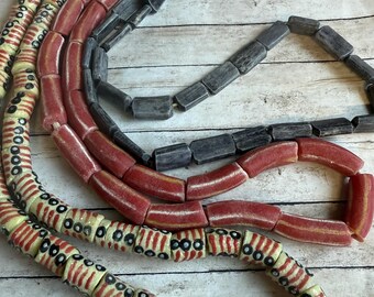 AFRICAN Krobo Bead Mix, Full strands 3 designs, cream black red, I’ve hoarded these time to go, African Krobo Beads from Ghana, fast ship