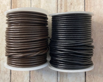 2mm Black or Brown Leather Cord on 25 yard SPOOLS or Choose 5 or 10 yard cut lengths, black 2mm leather cord, brown 2mm leather cord
