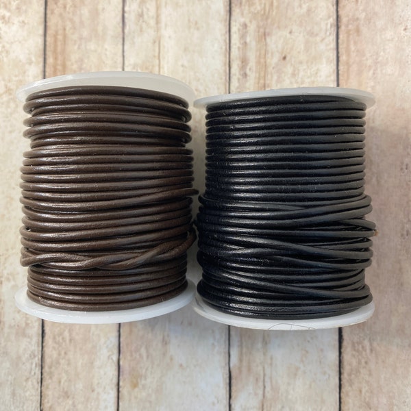 2mm Black or Brown Leather Cord on 25 yard SPOOLS or Choose 5 or 10 yard cut lengths, black 2mm leather cord, brown 2mm leather cord