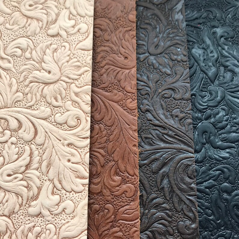 Embossed Leather Sheets, Trim Leather with Acanthus pattern, two sizes including 8 x 11 inches, 5 to 6 ounce, choose quantity, ships fast MIX OF FOUR (1 ea)