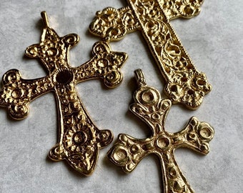 BIG GOLD Crosses, Three styles to choose from, Gold plated brass crosses, big bold designs, perfect on a leather cord, we ship fast