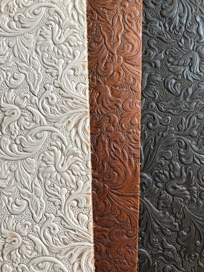 Embossed Leather Sheets, Trim Leather with Acanthus pattern, two sizes including 8 x 11 inches, 5 to 6 ounce, choose quantity, ships fast MIX OF THREE