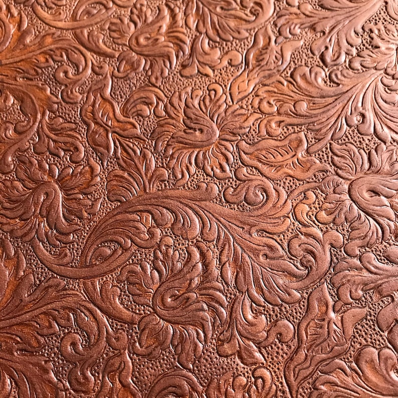 Embossed Leather Sheets, Trim Leather with Acanthus pattern, two sizes including 8 x 11 inches, 5 to 6 ounce, choose quantity, ships fast BROWN