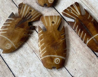 LAST 3 African Batik Bone Fish Pendants, African Beads, ETCHED Bone Pendant, Batik Bead, CLEARANCE, fast ship