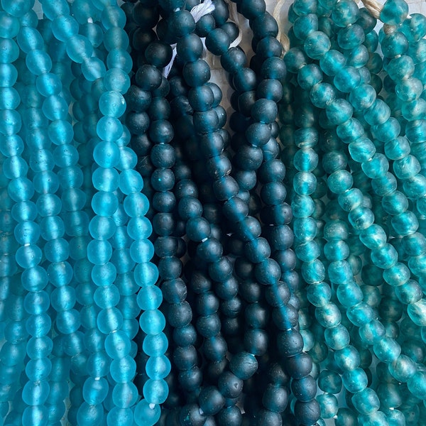 14mm Recycled Glass Beads from Ghana, aqua & teal recycled glass or Vaseline glass beads from Africa, we ship FAST, African Glass Beads