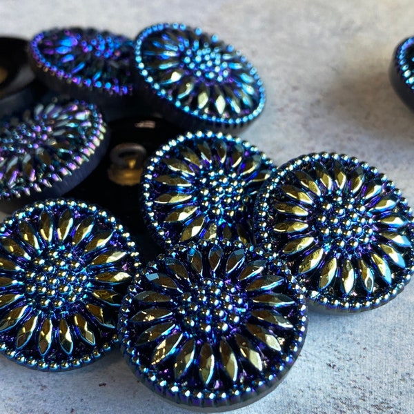 Czech Glass 18mm Daisy Button, Black AB Finish with intense metallic iridescence, Czech Glass Buttons, 18mm Czech Glass Daisy