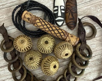African bead design set, lost wax Brass, braided leather, Buddha scroll keeper, brass textured rings, bone mask pendants,fast pics fast ship
