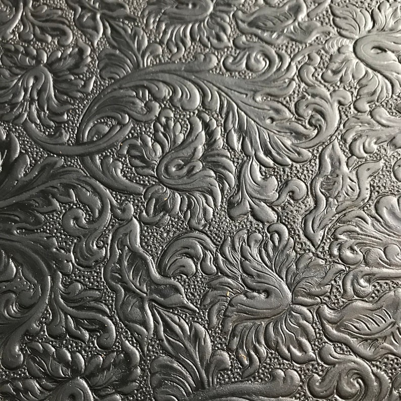 Embossed Leather Sheets, Trim Leather with Acanthus pattern, two sizes including 8 x 11 inches, 5 to 6 ounce, choose quantity, ships fast BLACK