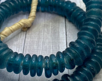 African BLUE Glass Donut Bead Spacers, Green Glass Bead Discs from Ghana, 12mm Glass Disc Spacers