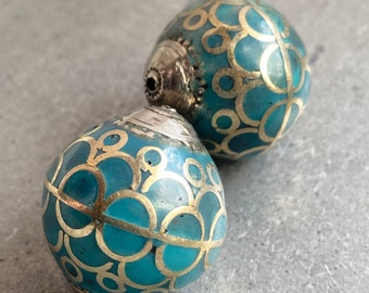 Cloisonné Focal Beads from Nepal, 23mm Silver Metal with Aqua Teal Enamel, Beautiful Unique Blue Focal Beads, Purchase 1 or 3, ships FAST