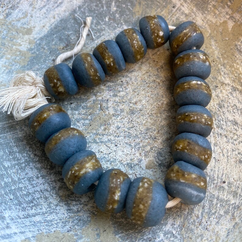 13mm Denim BLUE Kente Beads, African Glass Beads, Kente Tribe Glass Beads from Africa, striped kente glass beads, African Glass Beads 16 BEADS