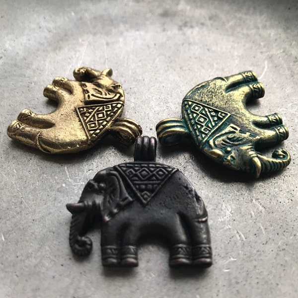 Elephant Pendant, Brass Elephant Pendants with Attached Bail, Three Metal Finishes, symbol of strength, ships FAST, sale end of stock