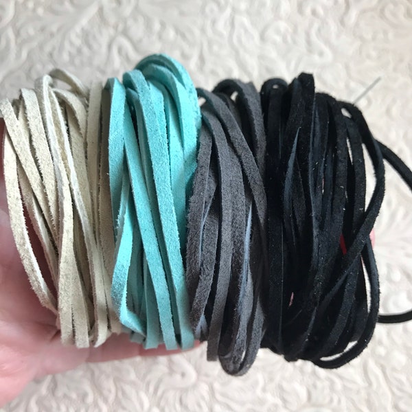 SKINNY Suede Grey Aqua MIX, 16 Yard Mix of Four Colors, 3/32nd Inch Suede Lace Variety Mixes, Suede Lace made in the USA