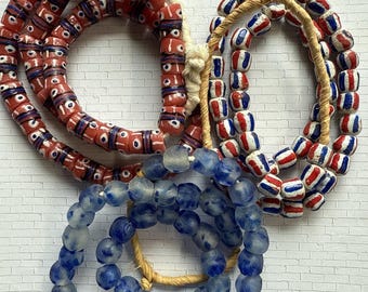 AFRICAN Krobo Bead Mix, Full strands 3 designs, blue red, PLUS bonus vinyl strand for spacers, African Krobo Beads from Ghana, fast ship