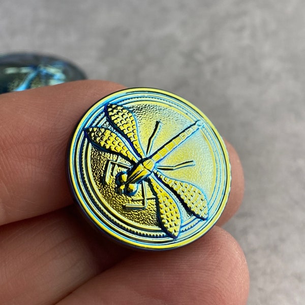 22mm Czech Glass Dragonfly Button SALE, Large 22mm blue green AB Czech Glass Dragonfly Button, unique glass finish, we ship FAST