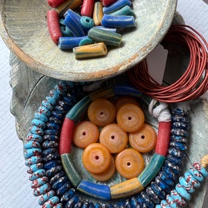 AFRICAN Bead Mix, Look at this fun mix, African Krobo, recycled glass rondelles, leather & more, Beads from Ghana, fast ship