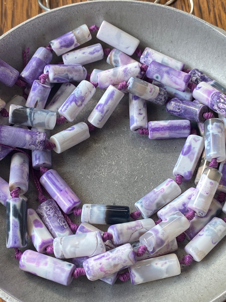 Agate Cylindrical Beads, Choose Half Strand or Full, Dyed Agate white lavender tube beads, image 5