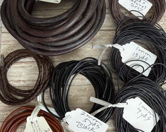Round leather cord bundle, several sizes see tags for lengths and size, we don’t sell round cord any longer, we ship fast