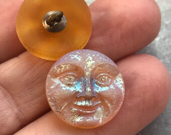 Moon Face Czech Glass Buttons, Man in the Moon Button in Matte Amber with an AB Finish