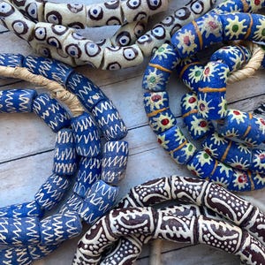 AFRICAN Krobo Bead Mix, Full strands 4 designs, brown cream blue, I’ve hoarded these time to go, African Krobo Beads from Ghana, fast ship