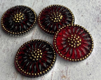 Czech Glass 18mm Daisy CABOCHON in Garnet Red Glass Gold accents, Czech Glass, 18mm Czech Glass Flowers, ship FAST, Sale beads