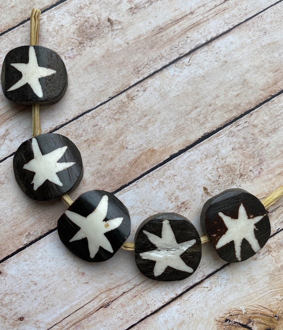 African COIN Shaped Bone Beads wax resist Star Motif Beads from Ghana, Batik Bone Beads from Africa, FAST SHiP