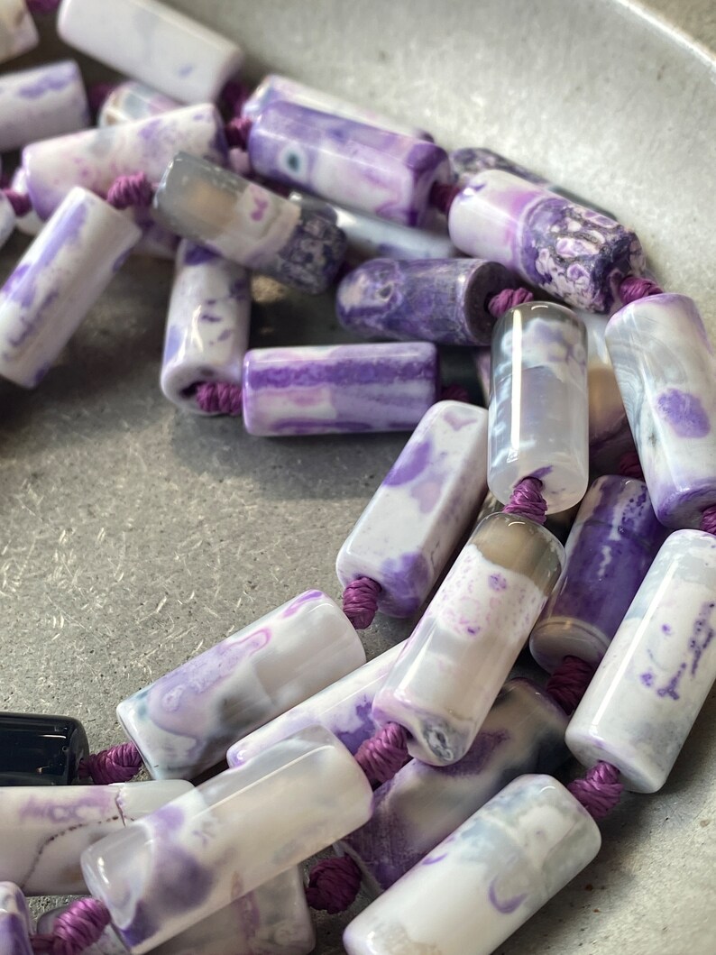 Agate Cylindrical Beads, Choose Half Strand or Full, Dyed Agate white lavender tube beads, image 4