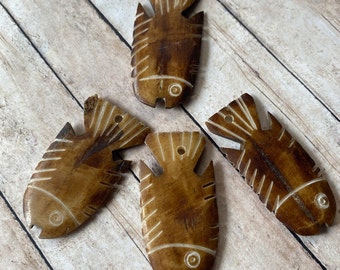 Two African Batik Bone Fish Pendants, African Beads, ETCHED Bone Pendant, discounted bundle of 4 Batik Bead, CLEARANCE, fast ship