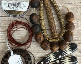 African bone, brass, seeds with leather & Chinese knotting cord spool, design sets, 2 spike pendants, fast pics fast ship