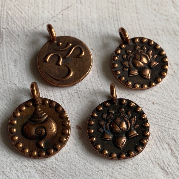 Four OM Charms, Om one side SHELL or LOTUS on back of all, 21mm Double Sided Pendants, Reduced End of Stock, Choose Mix Desired, ships fast